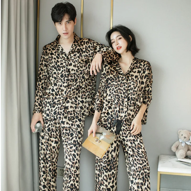 Leopard Pajamas Suit Nightwear Lover Loose Nightgown 2PCS Tops&Pants Satin Men&Women Sleepwear Intimate Lingerie Home Clothing