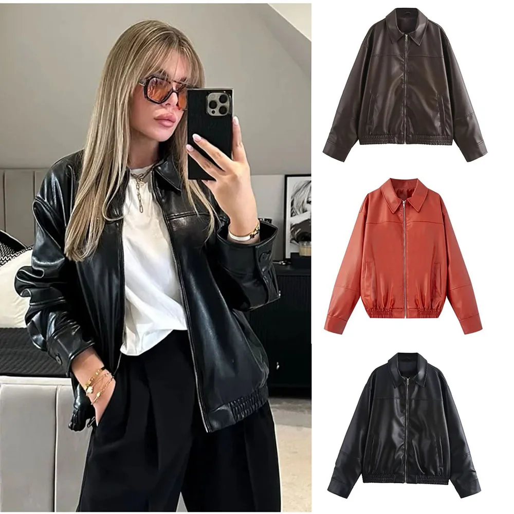 New Women PU Leather Jacket Short Classic Design Lapel Collar Top Windproof Warm Coat Daily Commute Casual Style Outerwear