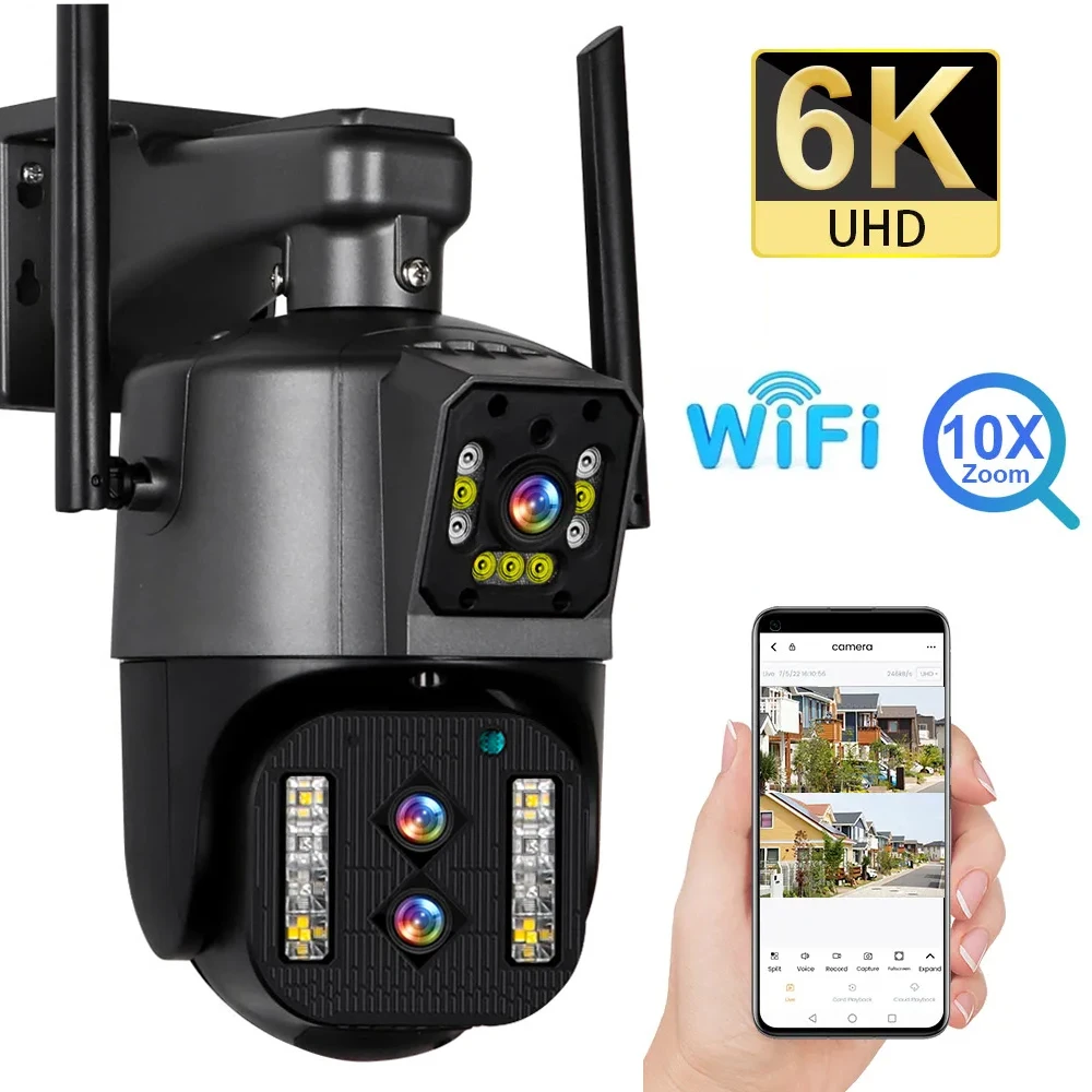 

ANSVICAM 12MP 6K Уличная Wi-Fi PTZ-камера с тремя объективами, двойным экраном, 10-кратным оптическим зумом, автоматическое отслеживание, водонепроницаемая камера видеонаблюдения