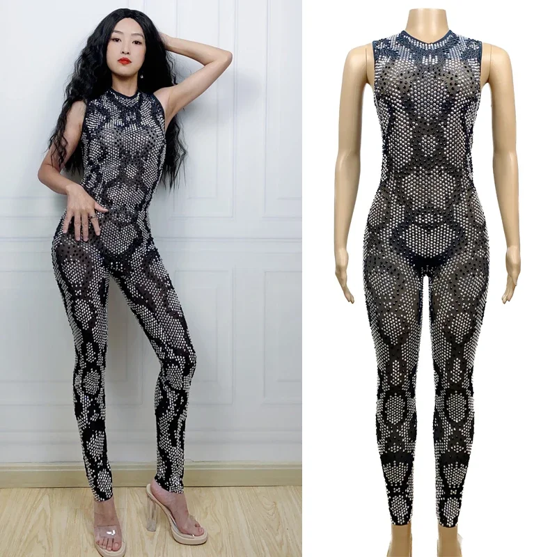 

Shing Rhinestones Jumpsuit Sleeveless Stretch Pole Dance Clothing Women'S Party Outfit Dj Ds Gogo Costume Stage Clubwear XS6627