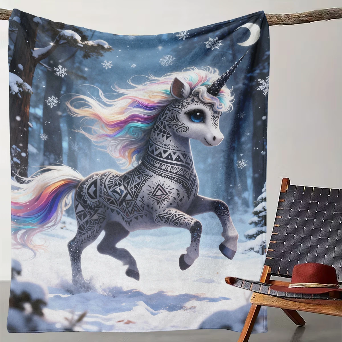 

1 Piece of Dreamy Rainbow Unicorn Blanket Winter Snowflake Ethnic Totem Blanket Fantasy Girl Heart Warm Sofa Blanket
