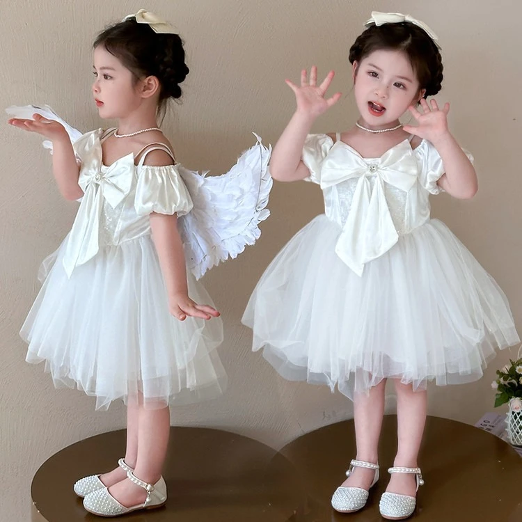 

Girls Princess Dress 2026 Summer New Girls Sweet Bow Puff Short Sleeve Dress Fashion Girls Mesh Patchwork Dress