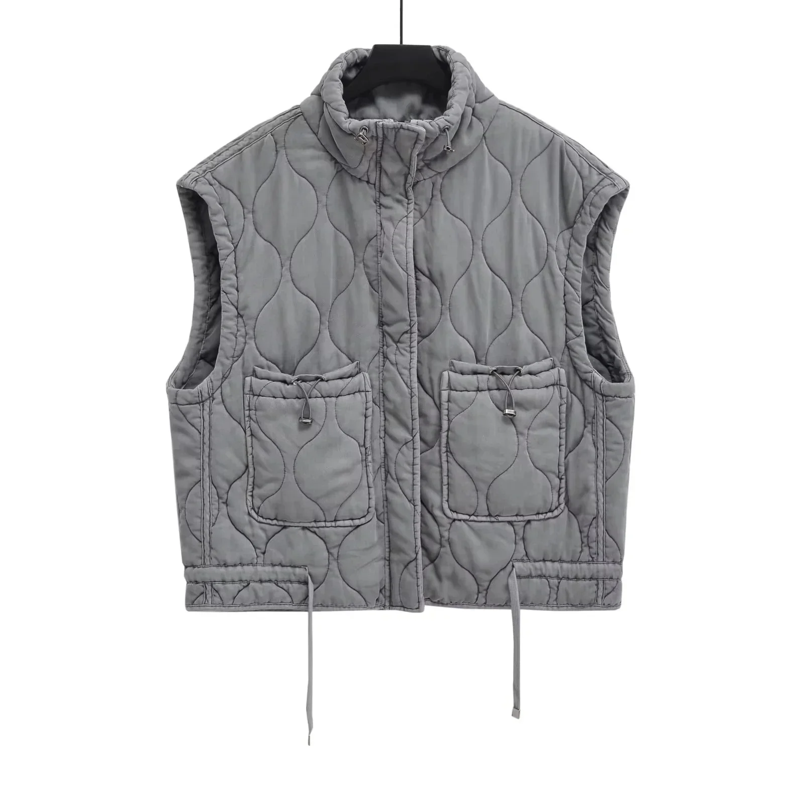 Herfst Winter Dames Staande Kraag Lichtgewicht Mouwloze Katoenen Jas Vest Dames Zakdecoratie Tanktop - afbeelding 2