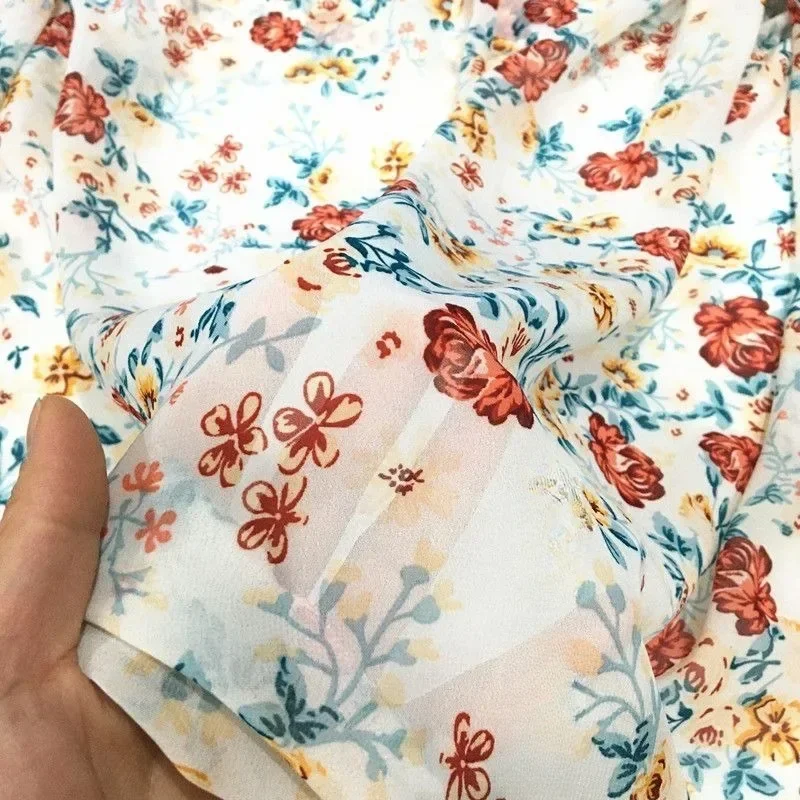 Micro-transparent Floral Pearl Chiffon Fabric By The Meter for Clothes Dress Shirt Diy Sewing Flower Printed Cloth Soft Black