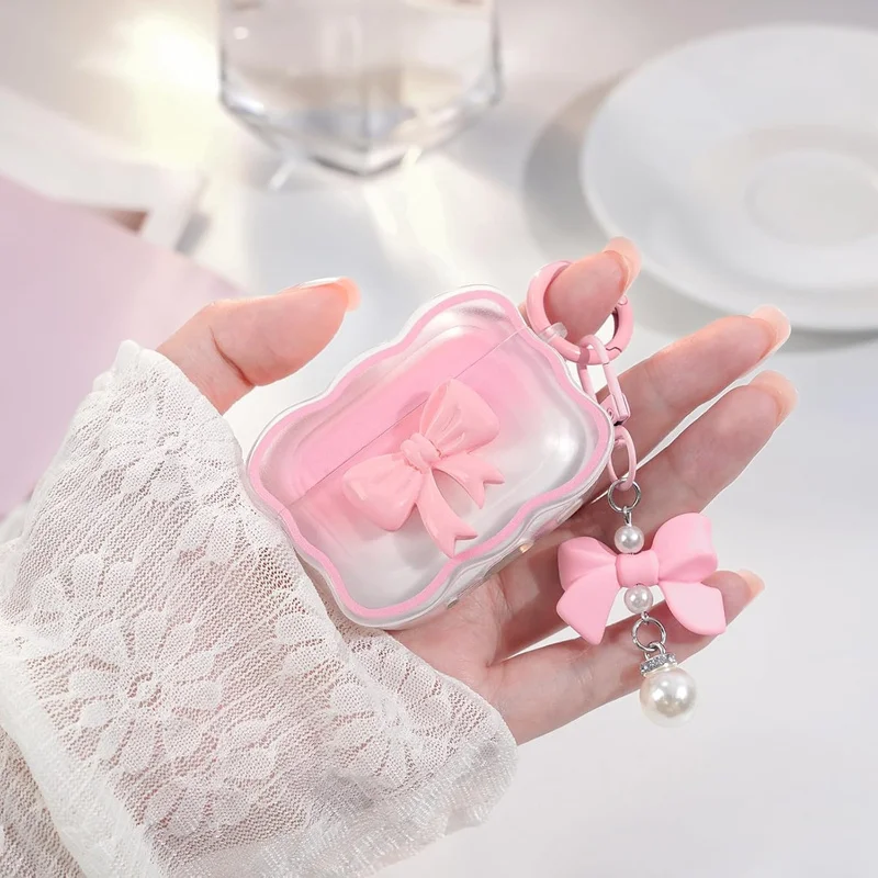 2026 For AirPods Pro 3 Case Cute 3D Bow Pattern Design Soft TPU Transparent Case For AirPods 4 Pro Pro3 Butterfly Pearl Keychain