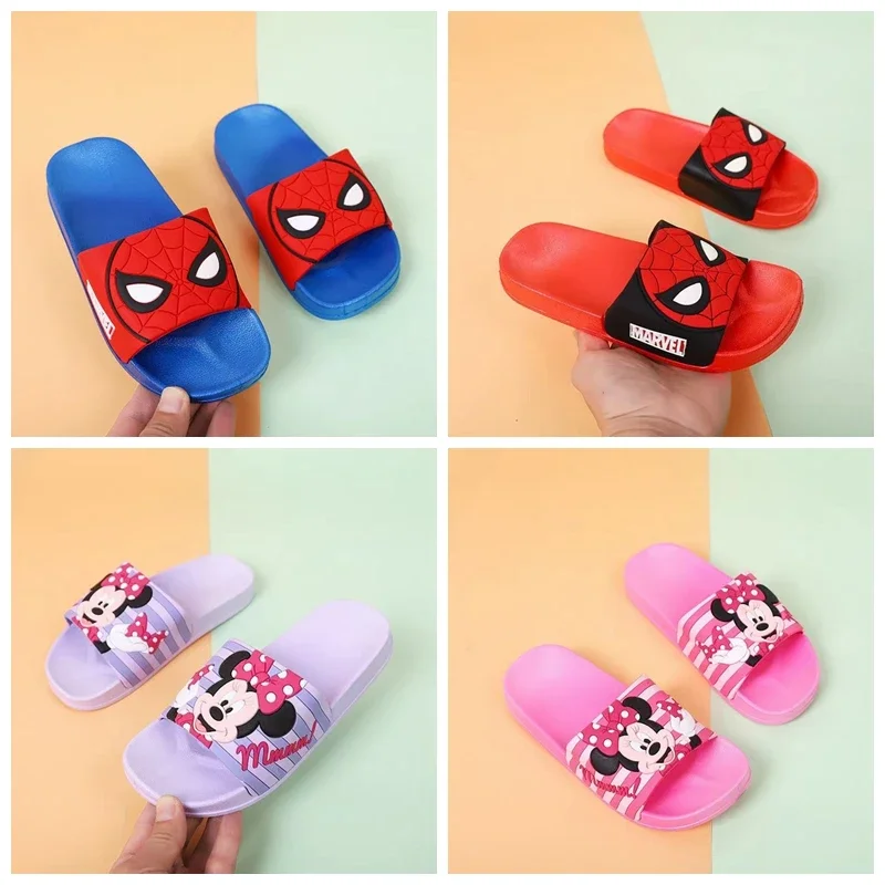 Disney Children Slippers Baby Boy Girls Summer Kids Flips Flops Cartoon Spiderman Minnie Print Soft Beach Indoor Home Bath Shoes