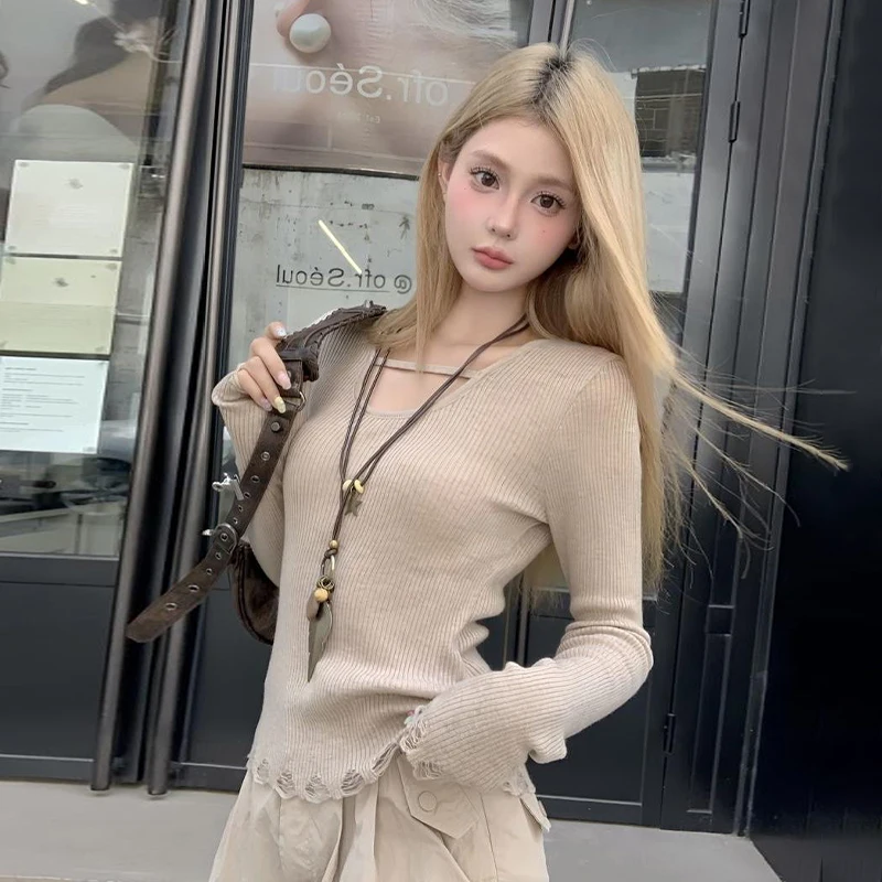 Zerrissene Pullover Frauen Langarm Tops einfarbig lässig Basic Pullover