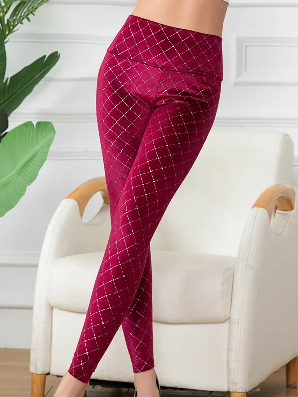 Hoge taille fluwelen yogabroek dames strakke pasvorm negenpunts legging met manchetten herfst winter sportbroek met diamantpatroon