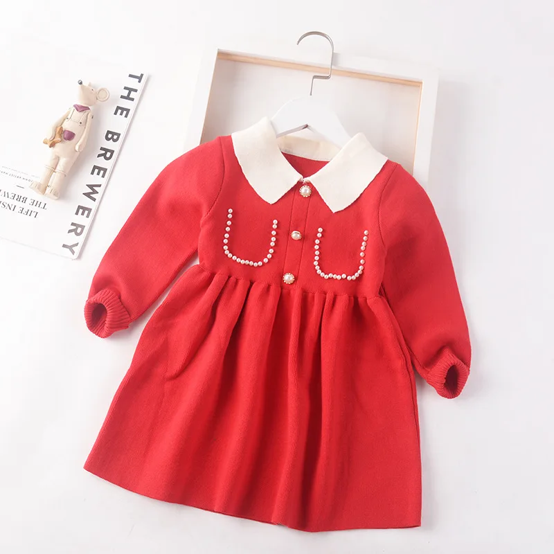 2023 Autumn Winter Girls Sweater Dress Kids Baby Sweater Children Pullover Knitted Dressrs Bead Jumper Turn-down Collar 3-8y