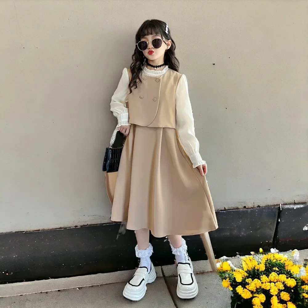 

Весенне-осеннее платье принцессы цвета хаки для девочек, детские костюмы, осенние лоскутные праздничные наряды с длинными рукавами, детская одежда для детей 6, 8, 10, 12 лет