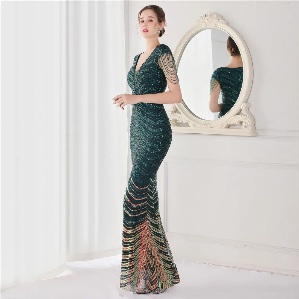 Dark Green Sequin Evening Dresses For Luxury Beads Glitter Mermaid Elegant Evening Dress Party Dresses vestidos de noche 2024