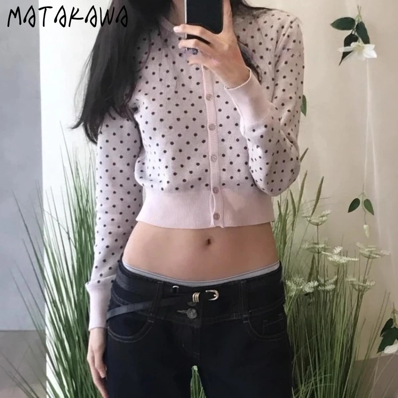 

Matakawa Y2k Clothes Short Cardigans Polka Dot Sweet Autumn Winter Woman Sweaters Korean Fashion Vintage Slim Sueter Mujer