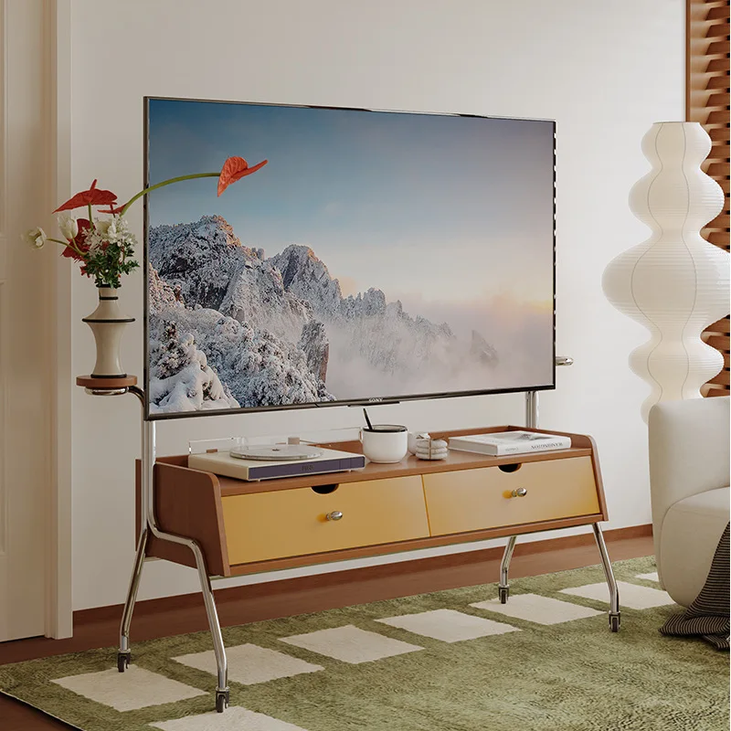 ชั้นวางทีวีสไตล์ยุคกลางสำหรับห้องนั่งเล่น, ชั้นวางทีวีแบบเคลื่อนย้ายได้สำหรับห้องนอนในอพาร์ทเมนต์ขนาดเล็ก สไตล์เรโทร วินเทจ แบบวาบิซาดิ