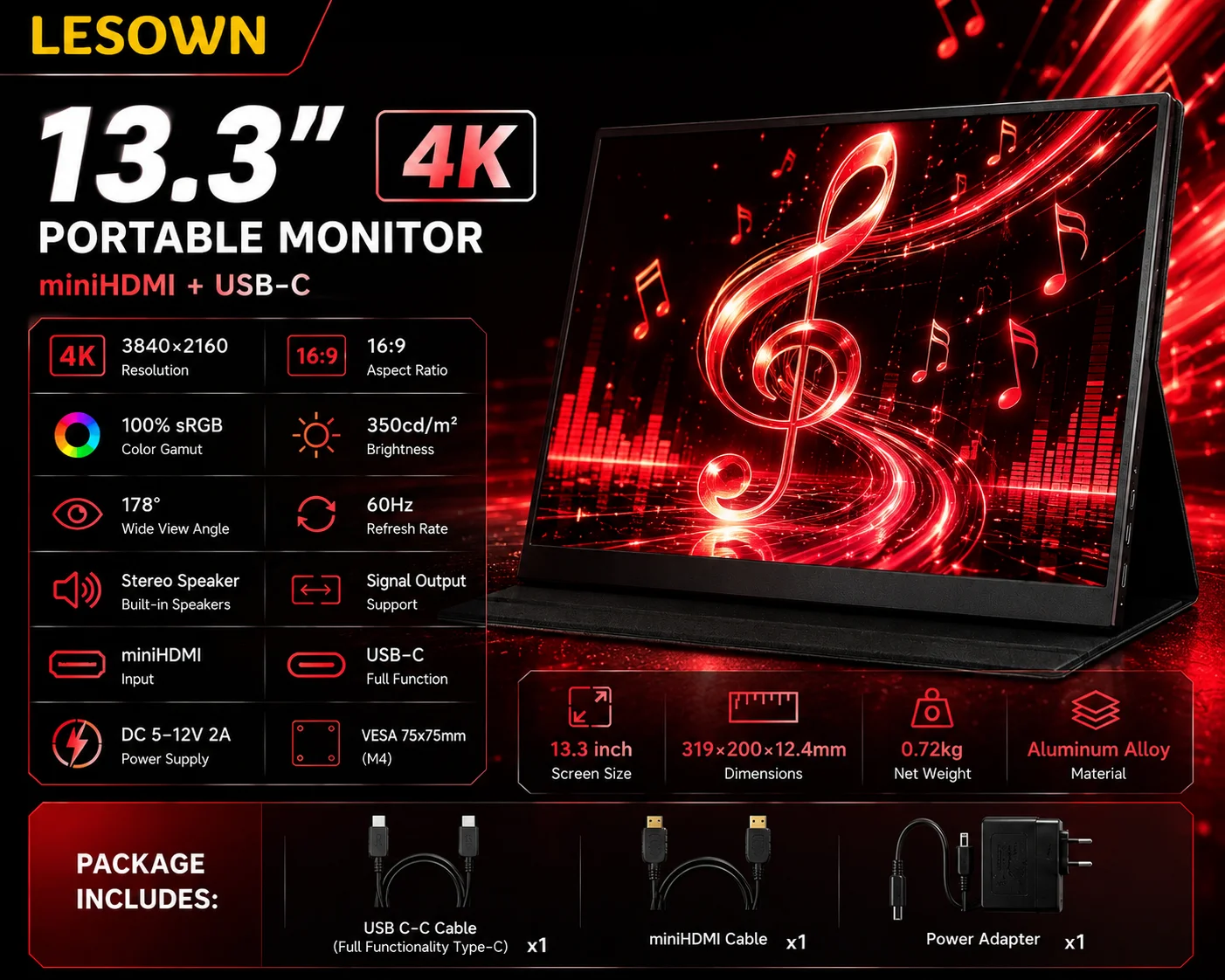LESOWN 13.3 Inch Slim Portable Display 4K Resolution Driver-free Mobile Monitor for Office Use