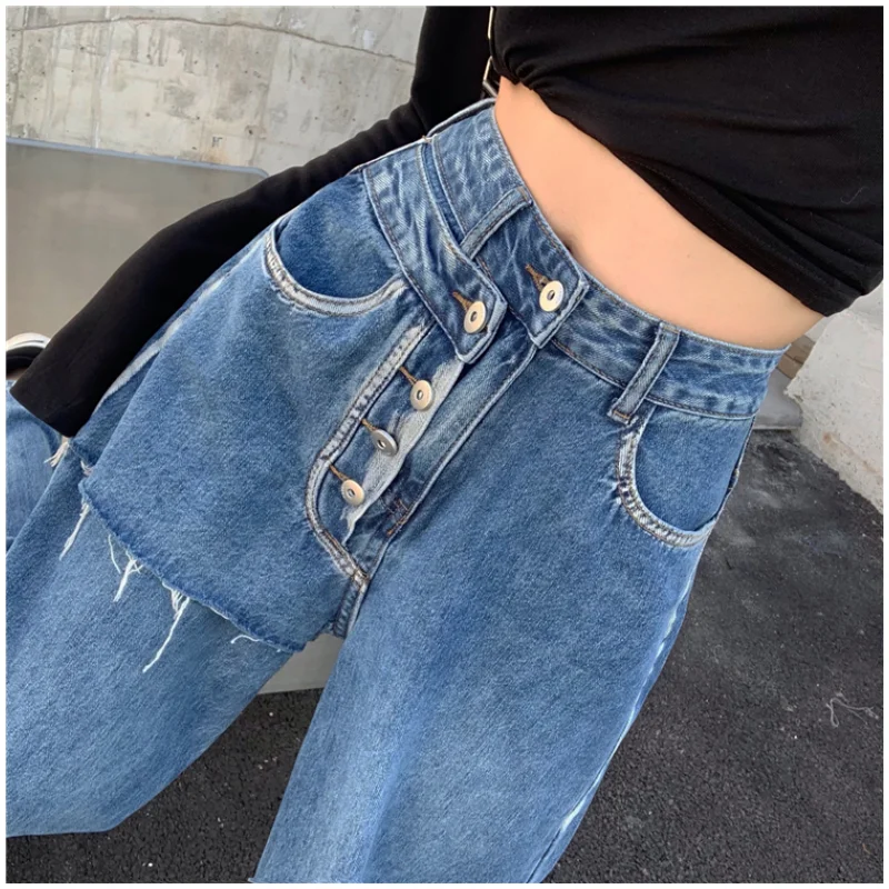 Imagem -05 - Vintage Azul Cintura Alta Mulheres Jeans Estrelas Americana Moda Streetwear Perna Larga Jean Calças Femininas Retas Baggy Denim Calças