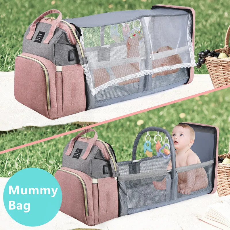 Multifunctional Folding Mommy Bag Lightweight Portable Folding Crib Bed Large-capacity Baby Backpack Female Mommy Outting Bag