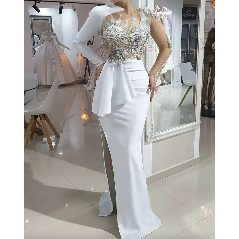 Elegant White Lace Beaded Sexy Evening Dresses High Split Prom Dresses Long Sleeves Formal Party Second Reception Gowns