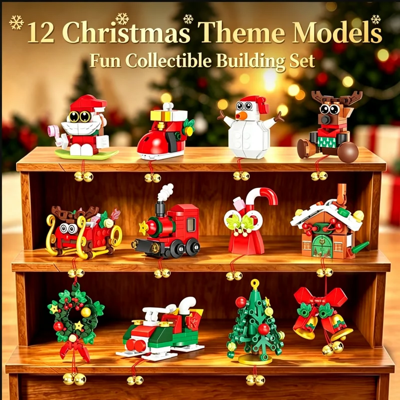 Christmas Hanging Ornament Building Blocks Set, 12‑Styles Xmas Themed Bricks Decor with Bells, DIY Assemble Pendant for Christma