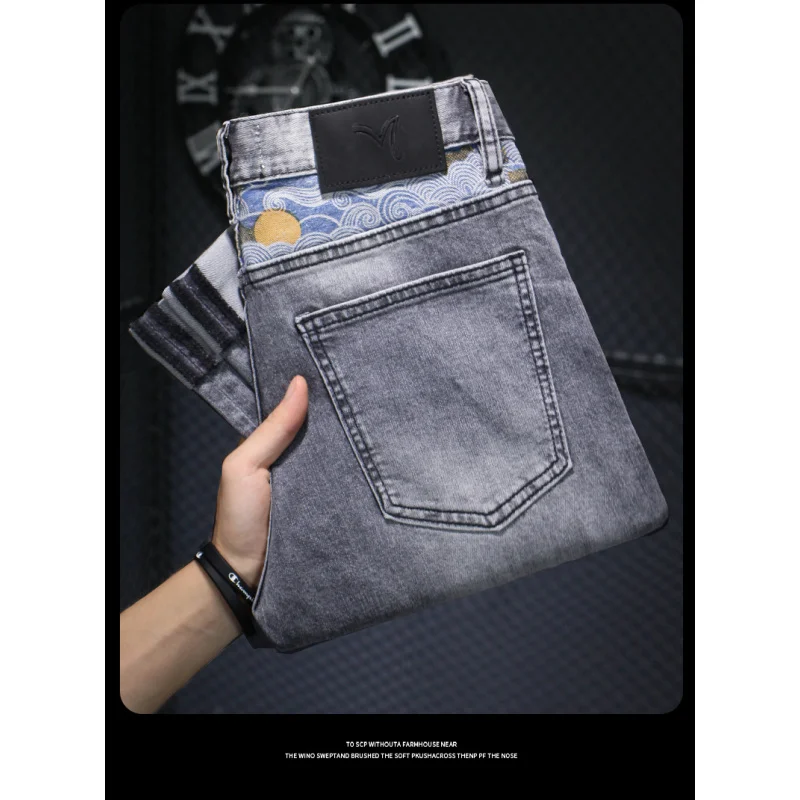 Calça jeans cinza casual masculina, costura estampada estilo japonês, estiramento lavado, justa, calça reta pequena, na moda