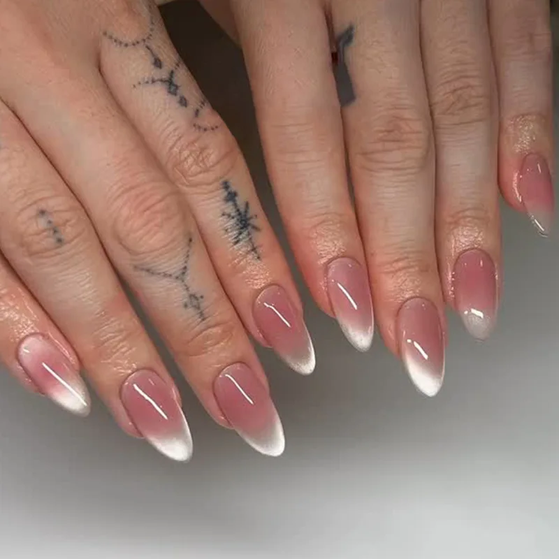 

24Pcs Almond False Nail Powder blusher cat eye gradient Wearable Manicure Press ON Nails Solid