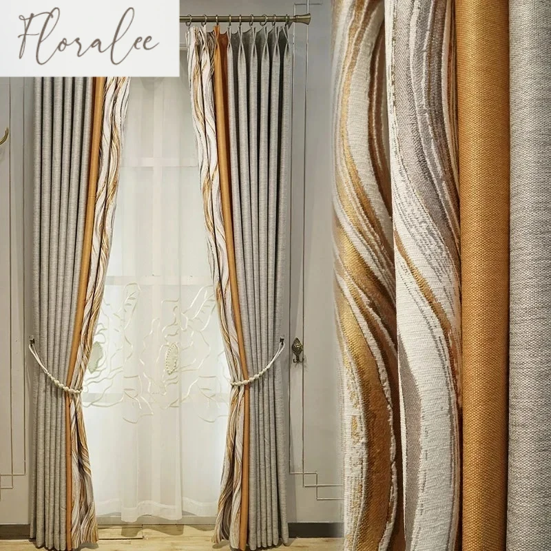 Orange Grey Jacquard High-precision Splicing Blackout Curtains for Living Room Bedroom French Window Villa Customized Products