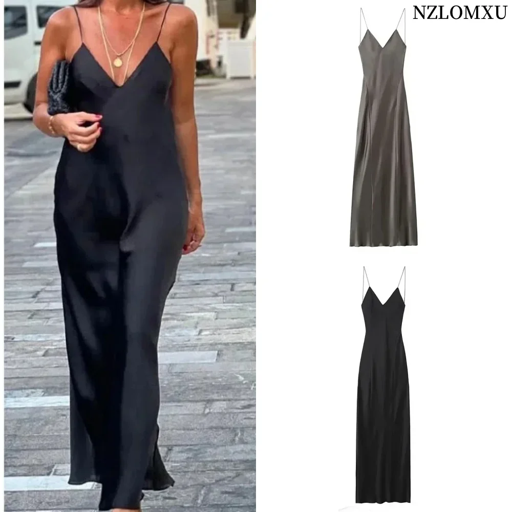 ชุดเดรสเปลือยหลังแขนกุดคอวีแนววินเทจของผู้หญิง2024เดรสยาวเข้ารูปสำหรับฤดูร้อนชุดเดรสราตรีหรูหรา