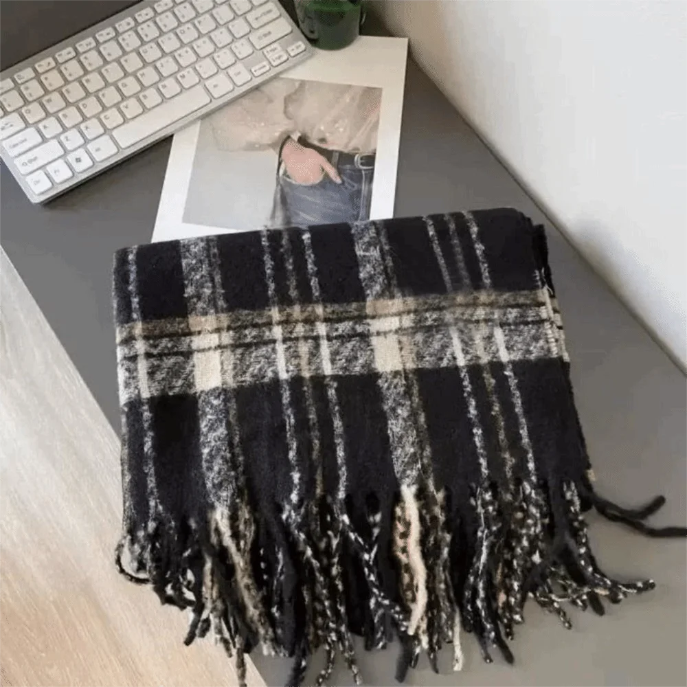

Ретро-шарф из пашмины в клетку с бахромой, зимний кашемировый шарф в корейском стиле, утолщенная длинная шаль для осени и зимы