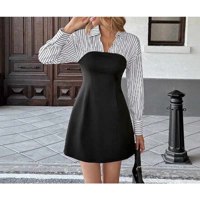 2025 autumn new elegant women's commuter style shirt type fake two-piece striped splicing dress women's dress