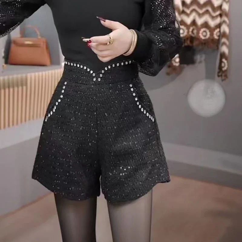 Sequin Diamond-studded Mixed Tweed Pants Women High-waisted Wide-leg Boots Black Casual Shorts Shorts for Autumnwinter Outerwear