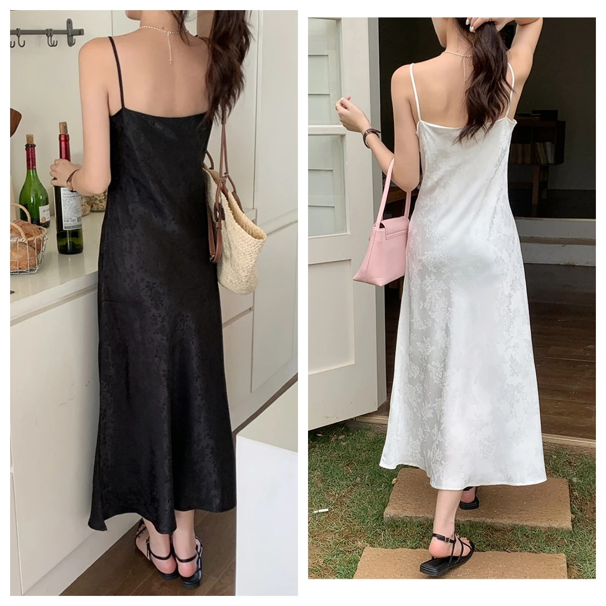 Womens Dresses Black And White Romance Korea Satin Dress Dinner Party Dresses Elegant Women's Dress Slip Long Dress Women Resort