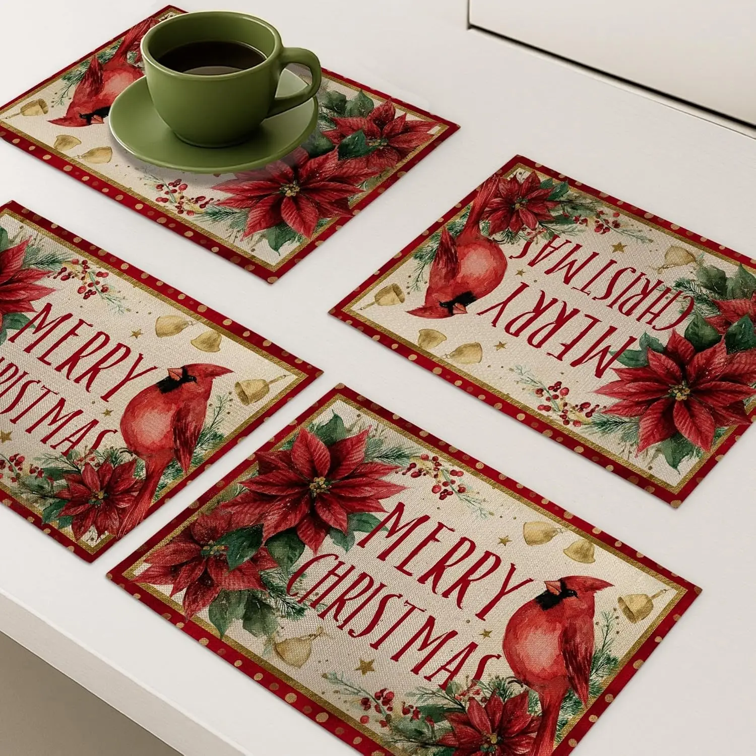 

Festive Red Poinsettia Placemats, Holiday Decorative Place Mats for Dining Table, Non-Slip Washable Indoor Outdoor Christmas