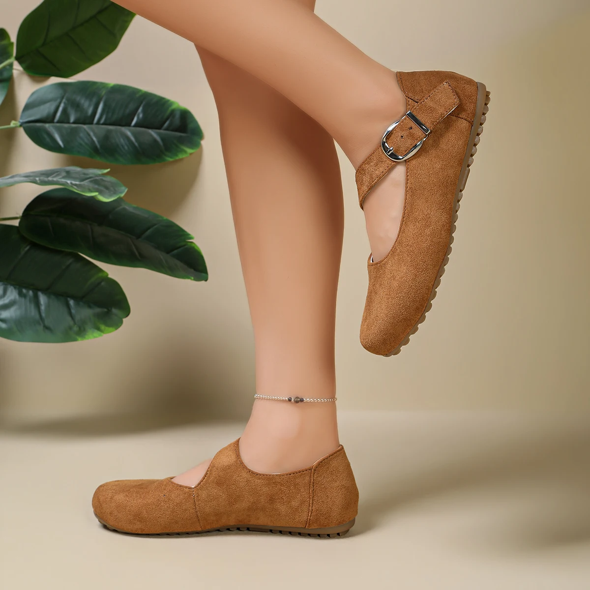 Damen Mary Jane Schuhe, Wildleder, runde Zehenpartie, flache Schuhe, mit Schnallenriemen, lässig, bequem, für Arbeit, Büro, Alltag, Ballerinas. – Detail 4