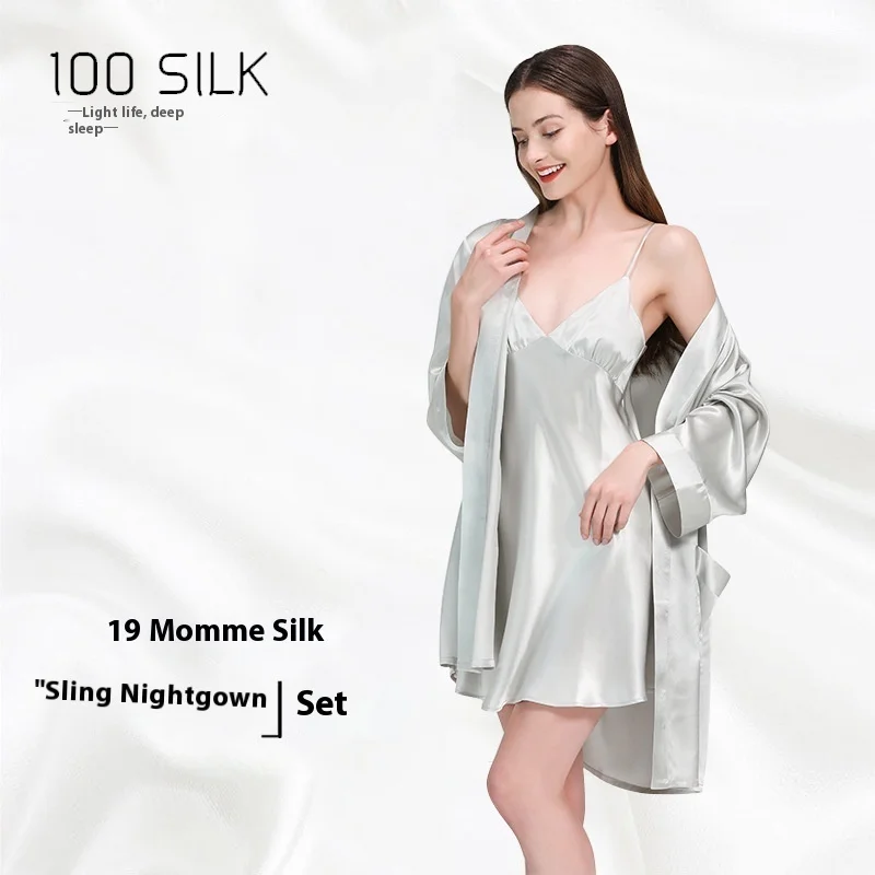 Solid 100% Real Silk Pajama Set Long Sleeve Robe With Belt V Neck Slip Dress Women's Sleepwear Fashion Robes Sleepwear Dress