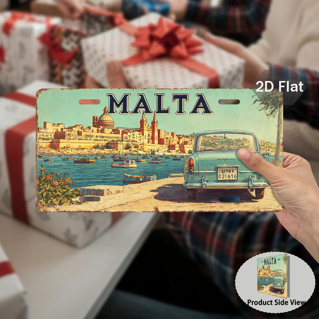 2D Flat, 1pc Vintage Malta Metal Sign - 2D Flat Printed Retro Car Sign with Maltese Landmarks (29.97cm X 14.99cm) - Fit for Cars