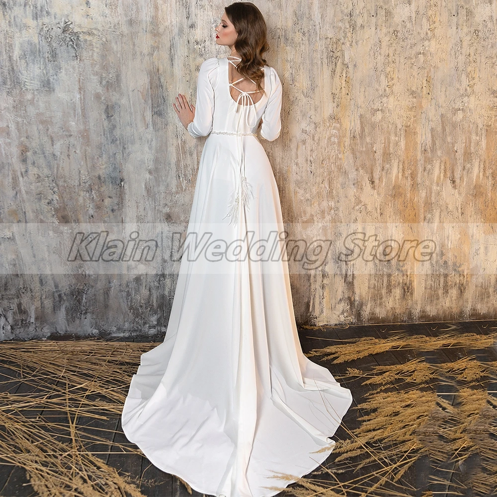 Weilinsha-Robe de Mariée en Jersey à Col en V pour Femme, Tenue de Patients à Manches sulf, Simple, Trapèze, avec Ceinture à Perles