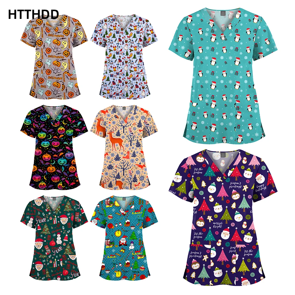 Fashion Scrub Working Uniform Tops Women V-Neck Halloween Print Short Sleeve T-Shirt Men Workwear with Pockets Christmas Uniform