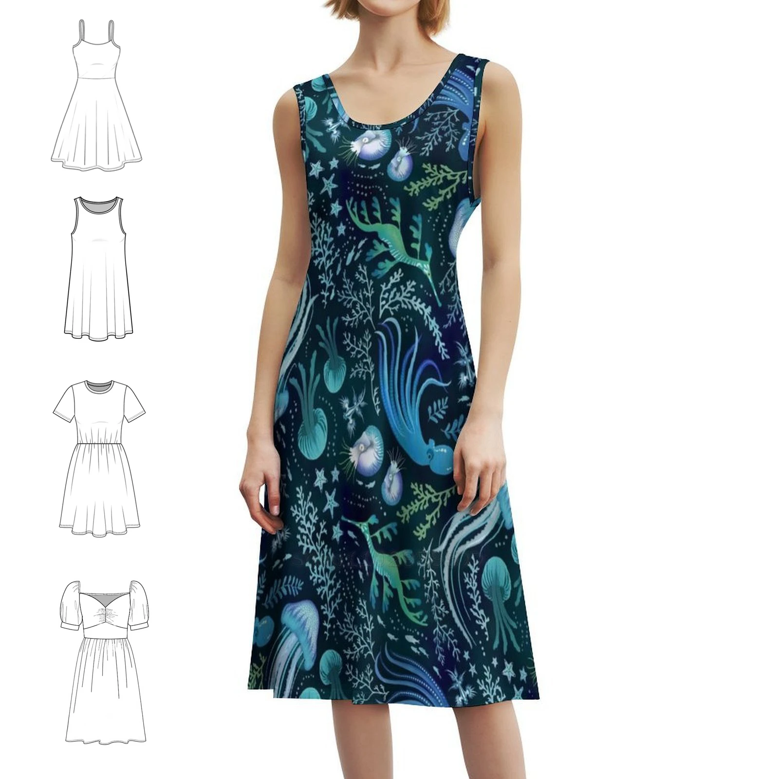 

Ocean Beauty Бирюзово-синее женское уличное платье в стиле хип-хоп с графическим принтом для вечеринок и клубов Adenaj Nature Медуза Наутилус Море