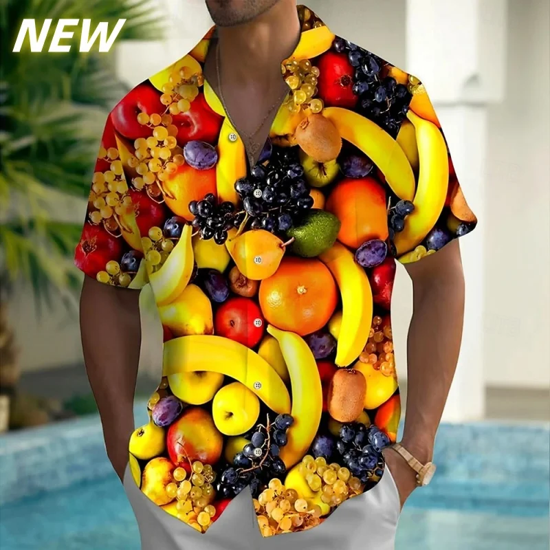 

Hamburger Pizza Pattern Short Sleeve Shirt For Men Fruit 3D Printed Hawaiian Shirts Lapel Tops Harajuku Fashion Button Blouse
