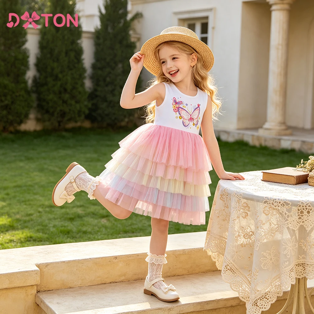 DXTON Ärmelloses Kleinkind-Prinzessinnenkleid mit Schmetterlingsdruck, für Kinder, Urlaubskleidung, elegante Layer-Cake-Partykleider für Mädchen