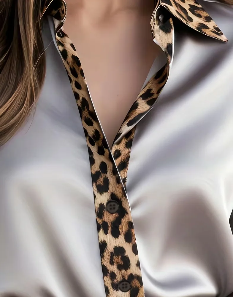 Frau Bluse 2025, Neue Frühling Herbst Pendler Schlank Langarm Leopard Muster Gespleißt Satin Drehen-unten Kragen Casual Täglichen hemd