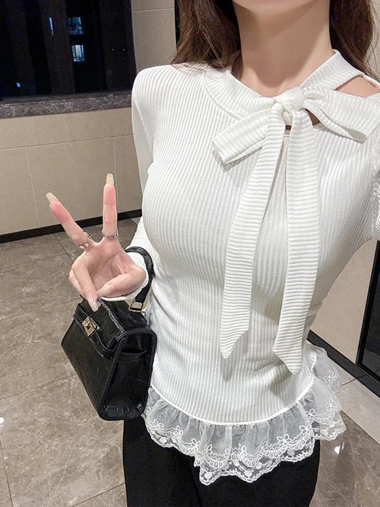 المرأة طويلة Sve Fce Ne معلقة Saes تي شيرت الدانتيل تقليم قاعدة irt ملابس داخلية علوية لخريف شتاء تصميم فتاة حار