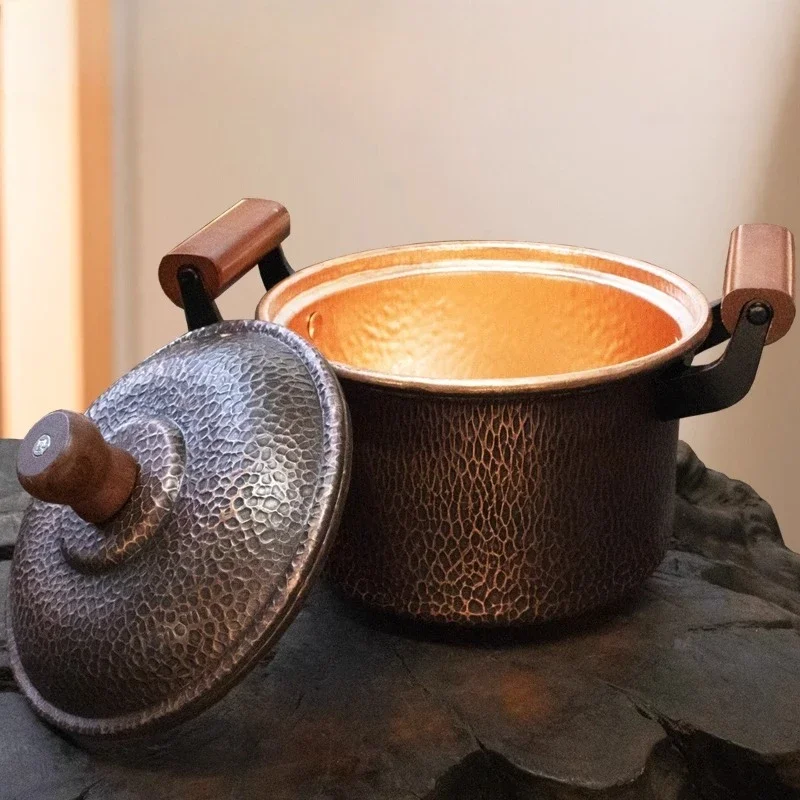 Hand-Forged Pure Copper Deep Soup Pot with Vintage Double-Loop Handles Gas & Induction Safe for Stew Cooking