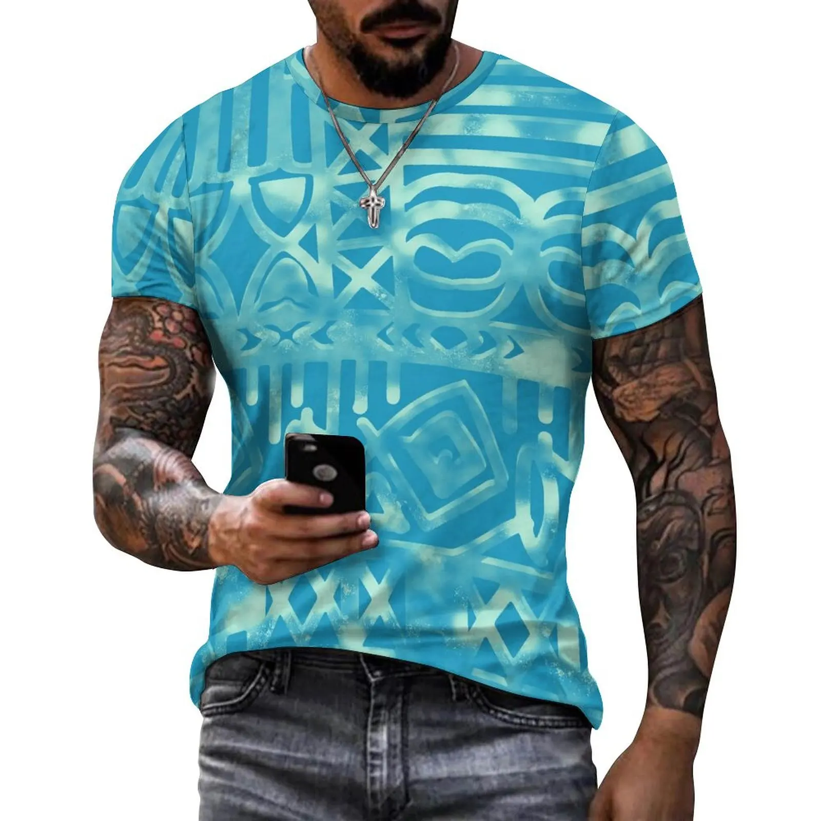 Custom Design Your Own Brand Oversized Men's O Neck Shirts Polynesian Print Breathable Pure cotton T Shirts