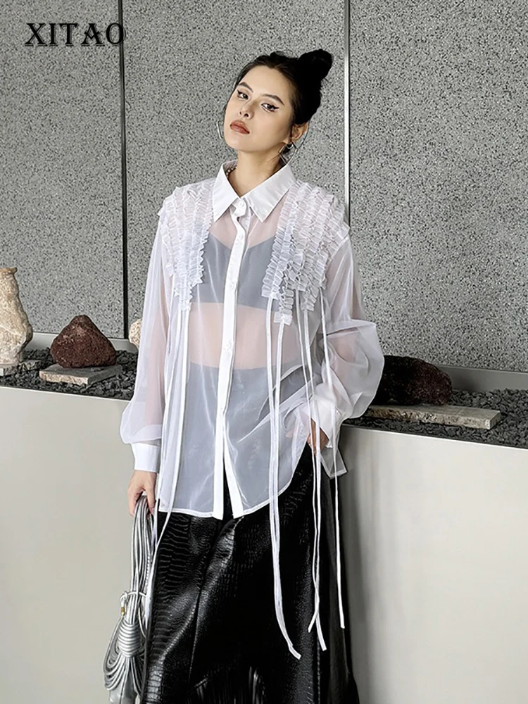 

XITAO Gauze Edible Tree Fungus Women Shirt Solid Color Patchwork Hollow Out Single Breasted Turn-down Collar 2024 Summer ZY8840