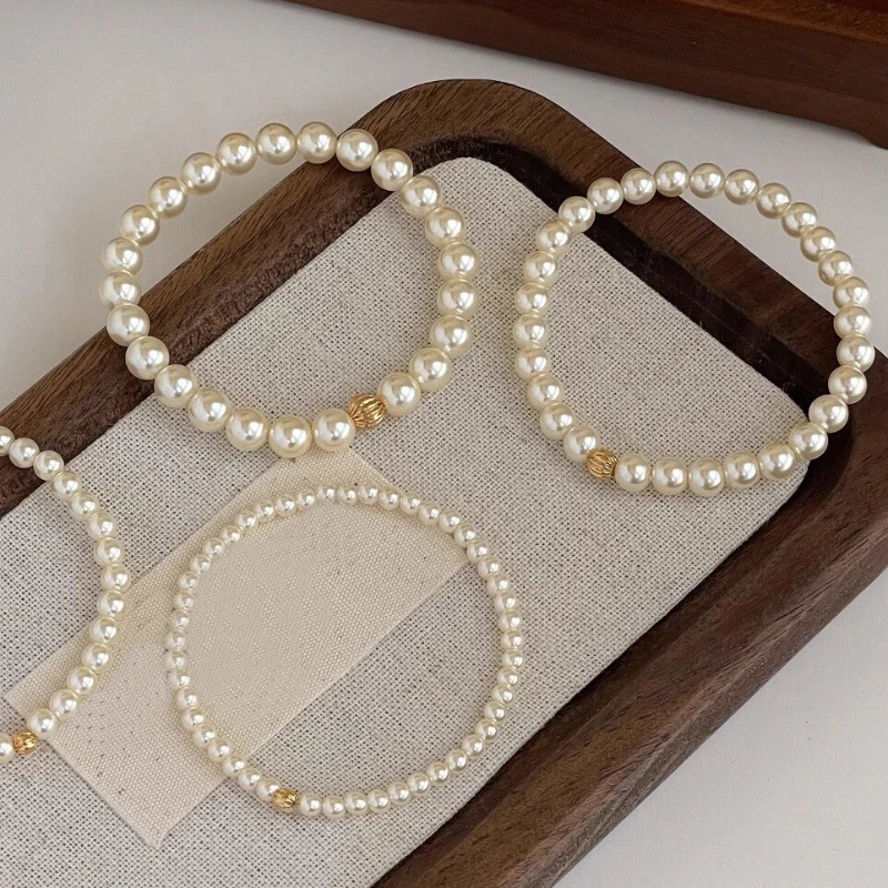 VENTFILLE 925 Sterling Silver 3-5CM Pearl Bracelet For Women Golden Beads Round Elastic Romantic Retro Jewelry Gift Dropshipping