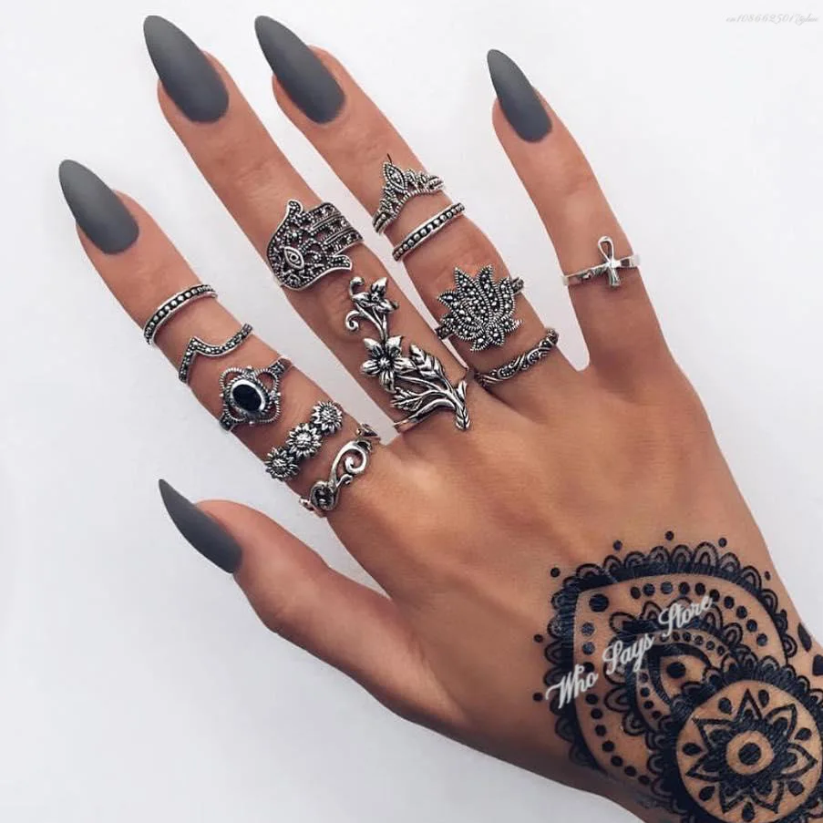 12pcs/set Bohemian Rings for Women Antique Silver Color Ring Boho Indian Jewelry Vintage Midi Knuckle Ring Finger Bijoux Femme