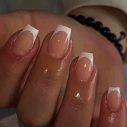 Tendenza moda Donna Ragazza 24 pezzi / set Balletto corto Rosa Frontale Bordo bianco Copertura completa Indossabile Unghie finte Stampa su Nail Art