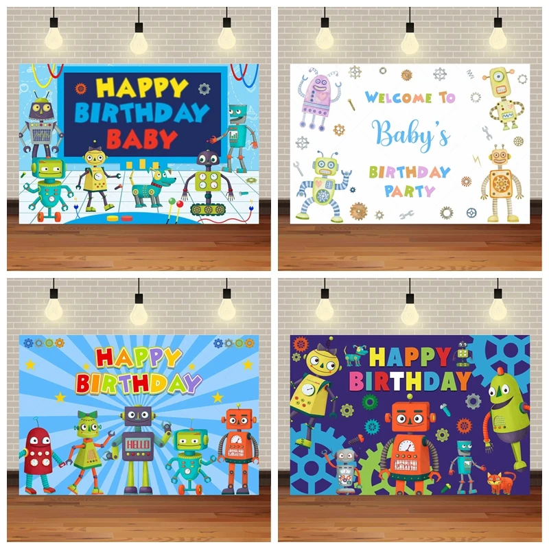 

Robot Birthday Party Backdrop Banner Children Photography Background Decorations Supplies Cartoon Robot Theme Photo Shoot Props