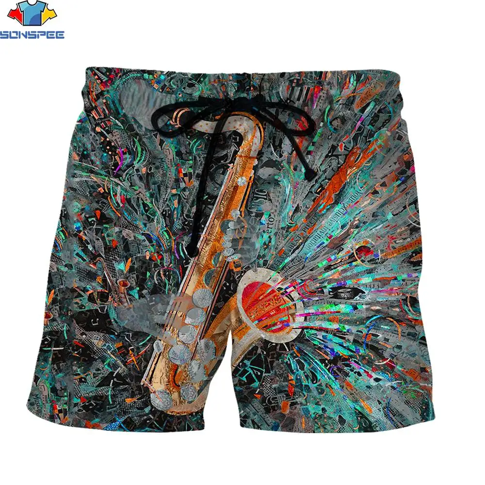 SONSPEE 3D Print Graffiti Style Saxophone Men\'s Shorts Metal Line Retro Classic Colorful Beach Travel Casual Street Trend Shorts