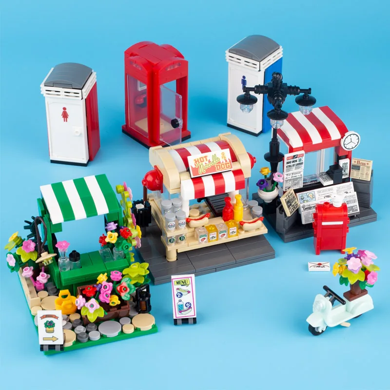 MOC City Mini Architecture Street View Model Building Blocks Flower Shop Hot Dog Hamburger Restaurant Retail Store Gifts Toys